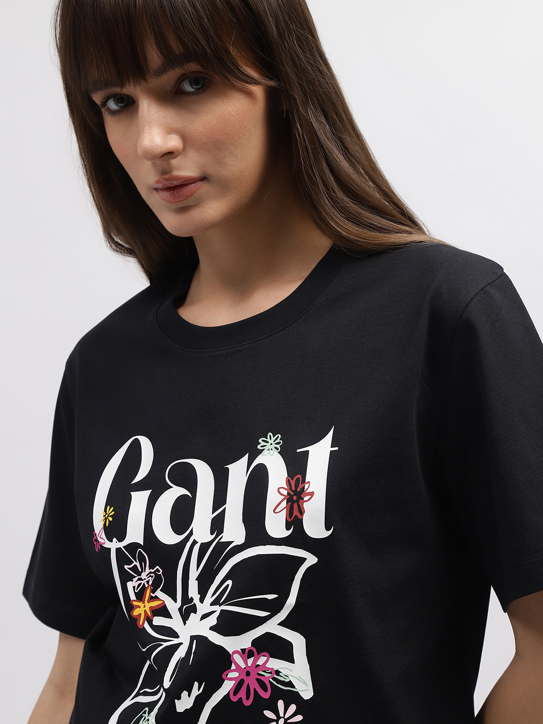 Gant Women Black Printed Round Neck Short Sleeves T-Shirt