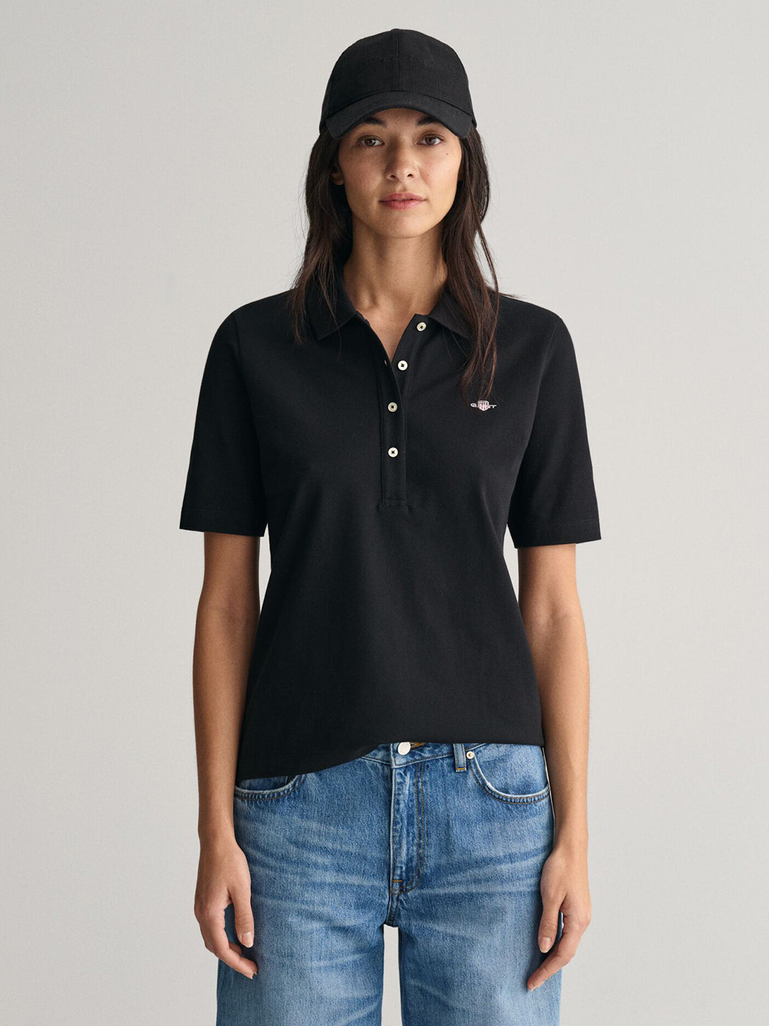 Gant Women Black Solid Short Sleeves Polo T-Shirt