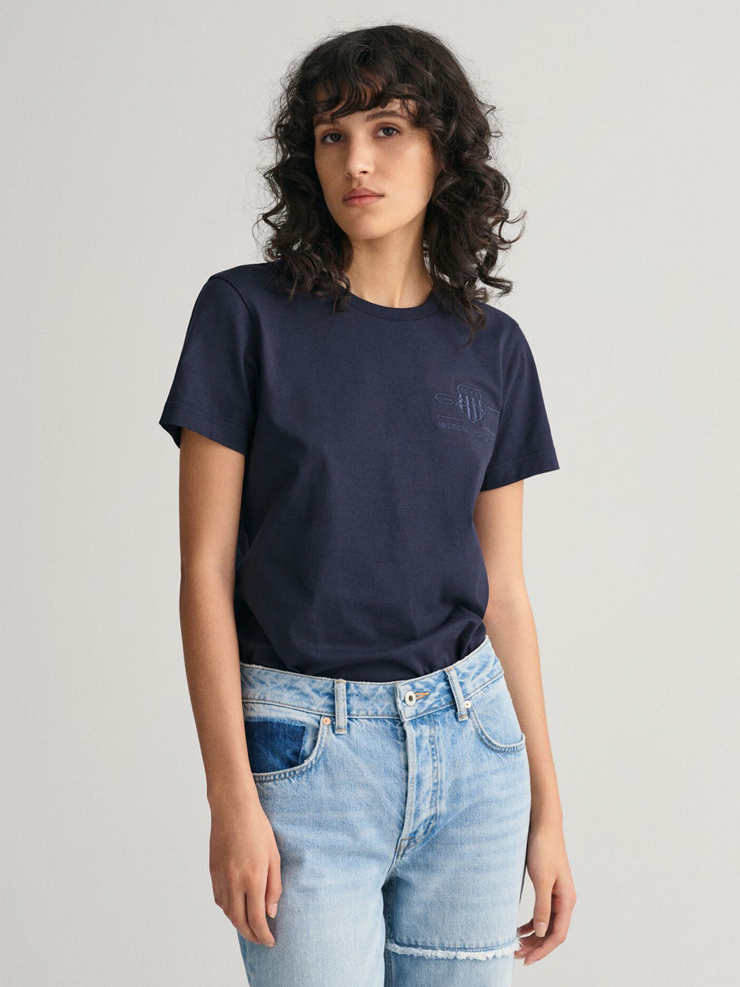 Gant Women Navy Blue Solid Round Neck Short Sleeves T-Shirt