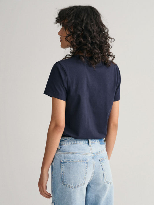 Gant Women Navy Blue Solid Round Neck Short Sleeves T-Shirt