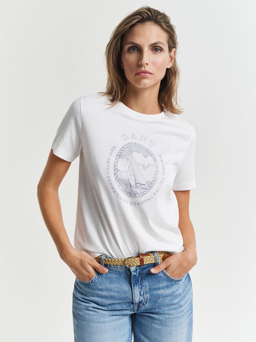 Gant Women White Printed Round Neck Short Sleeves T-Shirt