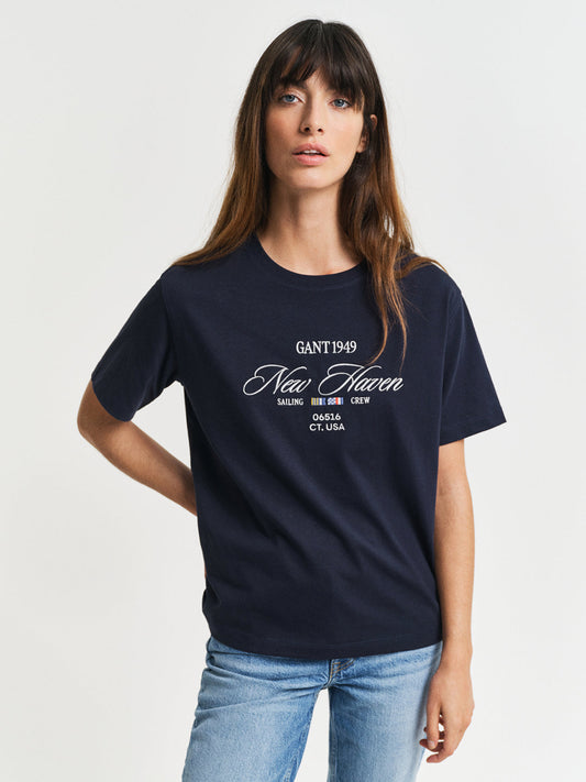 Gant Women Navy Blue Printed Round Neck Short Sleeves T-Shirt