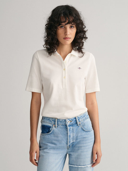 Gant Women White Solid Short Sleeves Polo T-Shirt