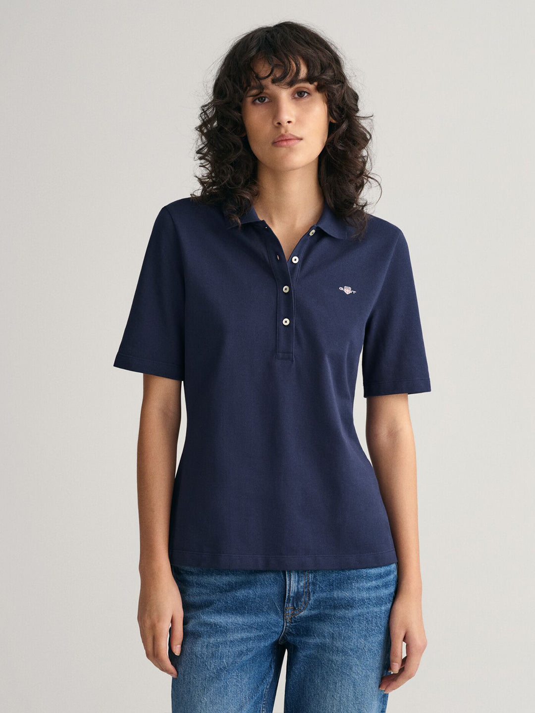 Gant Women Navy Blue Solid Short Sleeves Polo T-Shirt