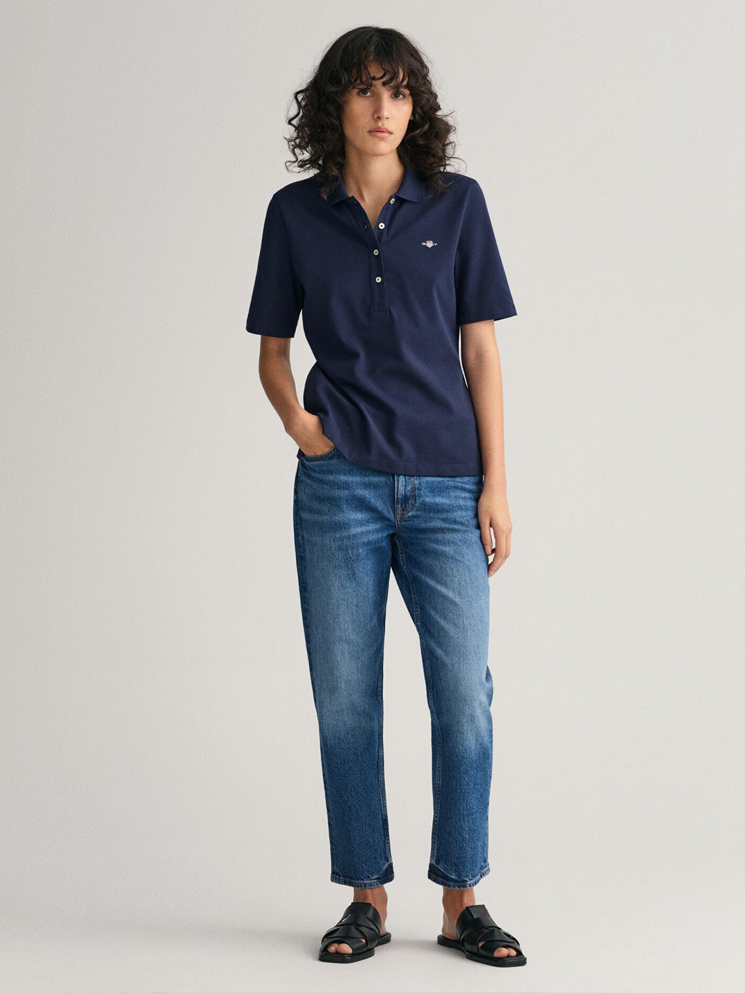 Gant Women Navy Blue Solid Short Sleeves Polo T-Shirt