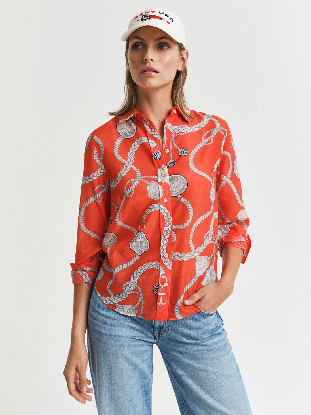 Gant Women Red Spread Collar Full Sleeves Shirt