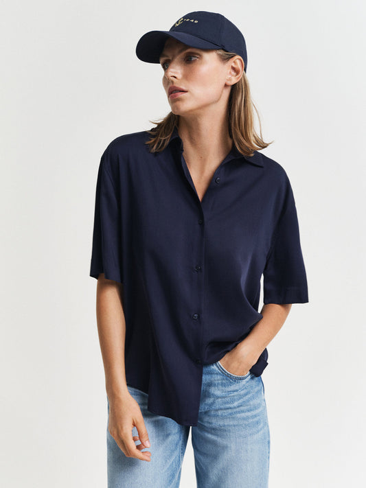 Gant Women Navy Blue Cuban Collar Short Sleeves Shirt