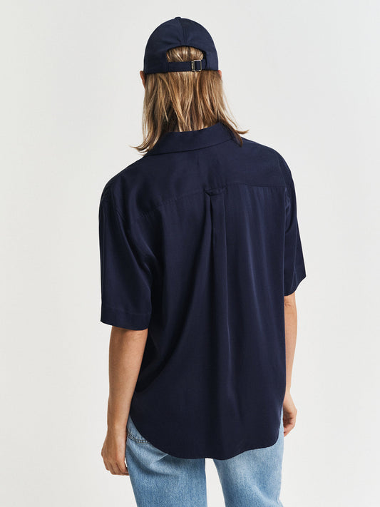 Gant Women Navy Blue Cuban Collar Short Sleeves Shirt