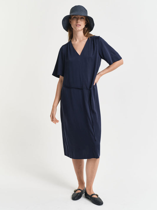 Gant Women Navy Blue Solid V-Neck Short Sleeves Shift Dress
