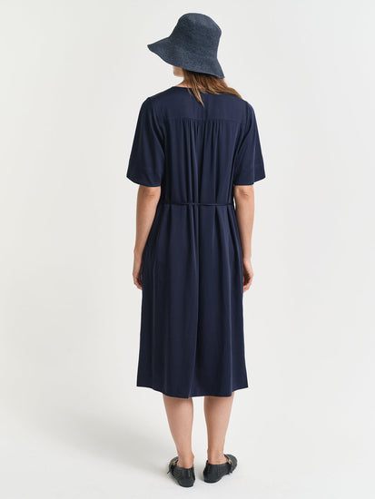 womens navy blue dress Shop Gant Women Navy Blue Solid V-Neck Short Sleeves Shift Dress Online