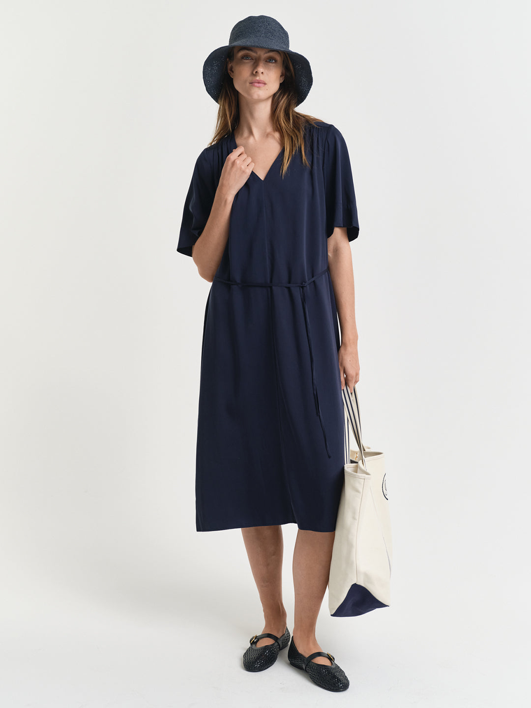 Gant Women Navy Blue Solid V-Neck Short Sleeves Shift Dress