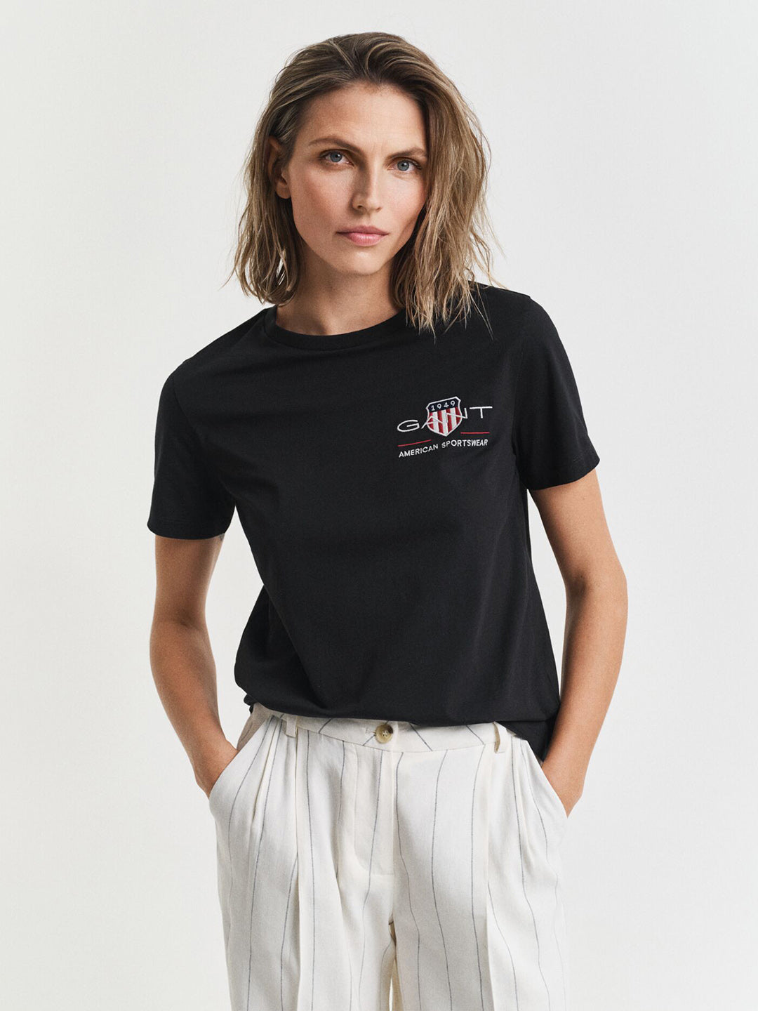 Gant Women Black Embroidered Regular Fit T-Shirt