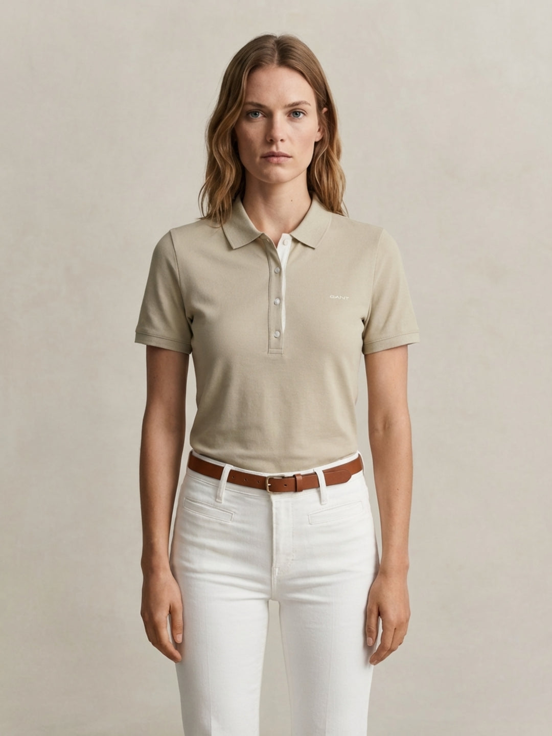 Gant Women Beige Solid Slim Fit Pique Polo T-Shirt