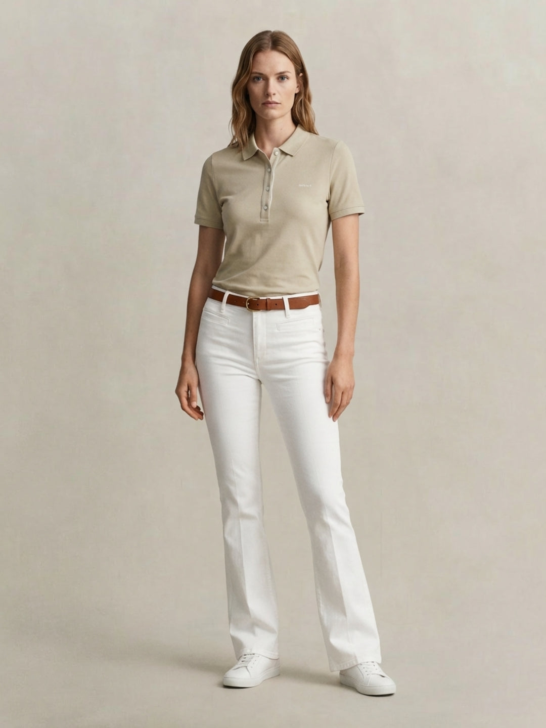 Gant Women Beige Solid Slim Fit Pique Polo T-Shirt