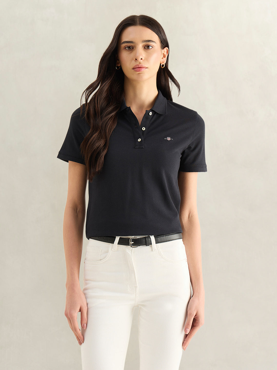 Gant Women Black Solid Regular Fit Polo T-Shirt