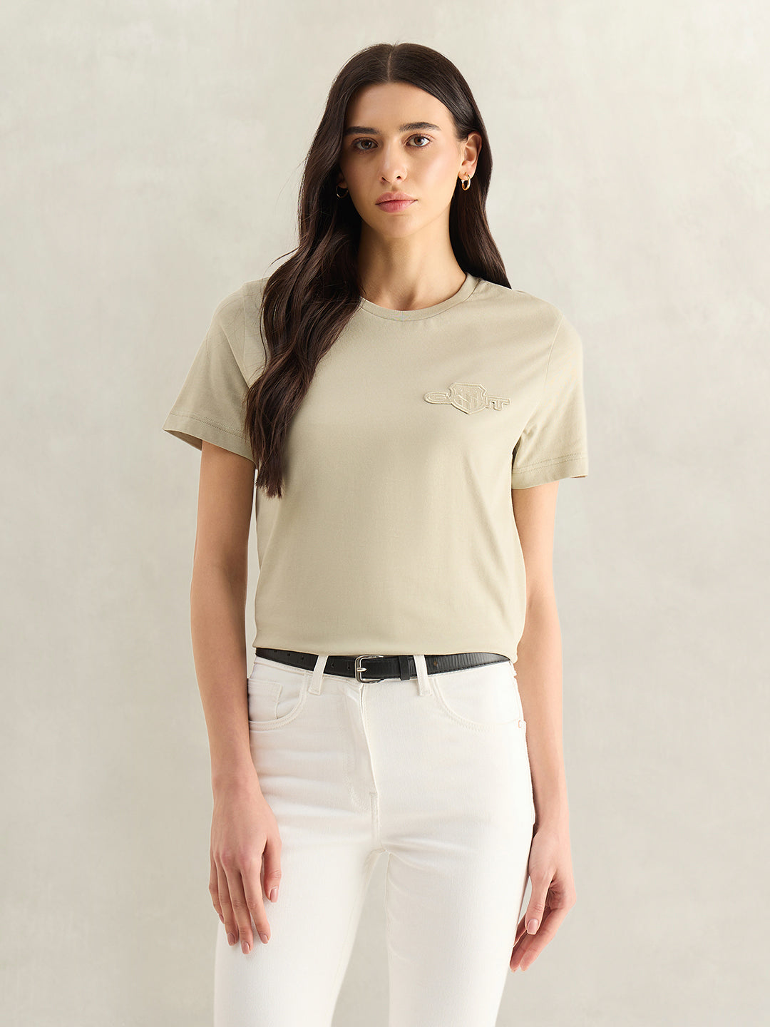 Gant Women Beige Solid Regular Fit Shield T-Shirt