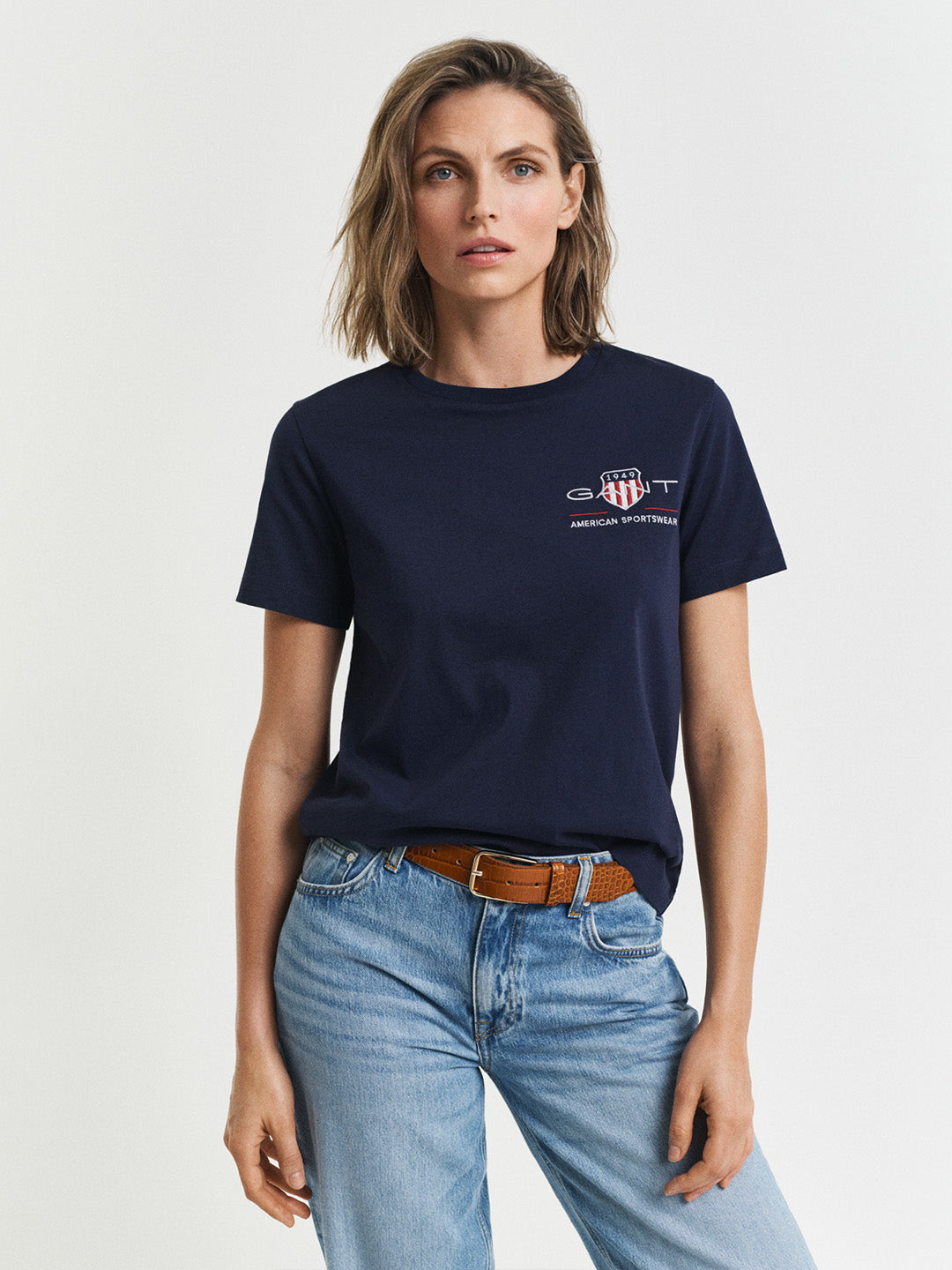 Gant Women Navy Blue Embroidered Regular Fit T-Shirt