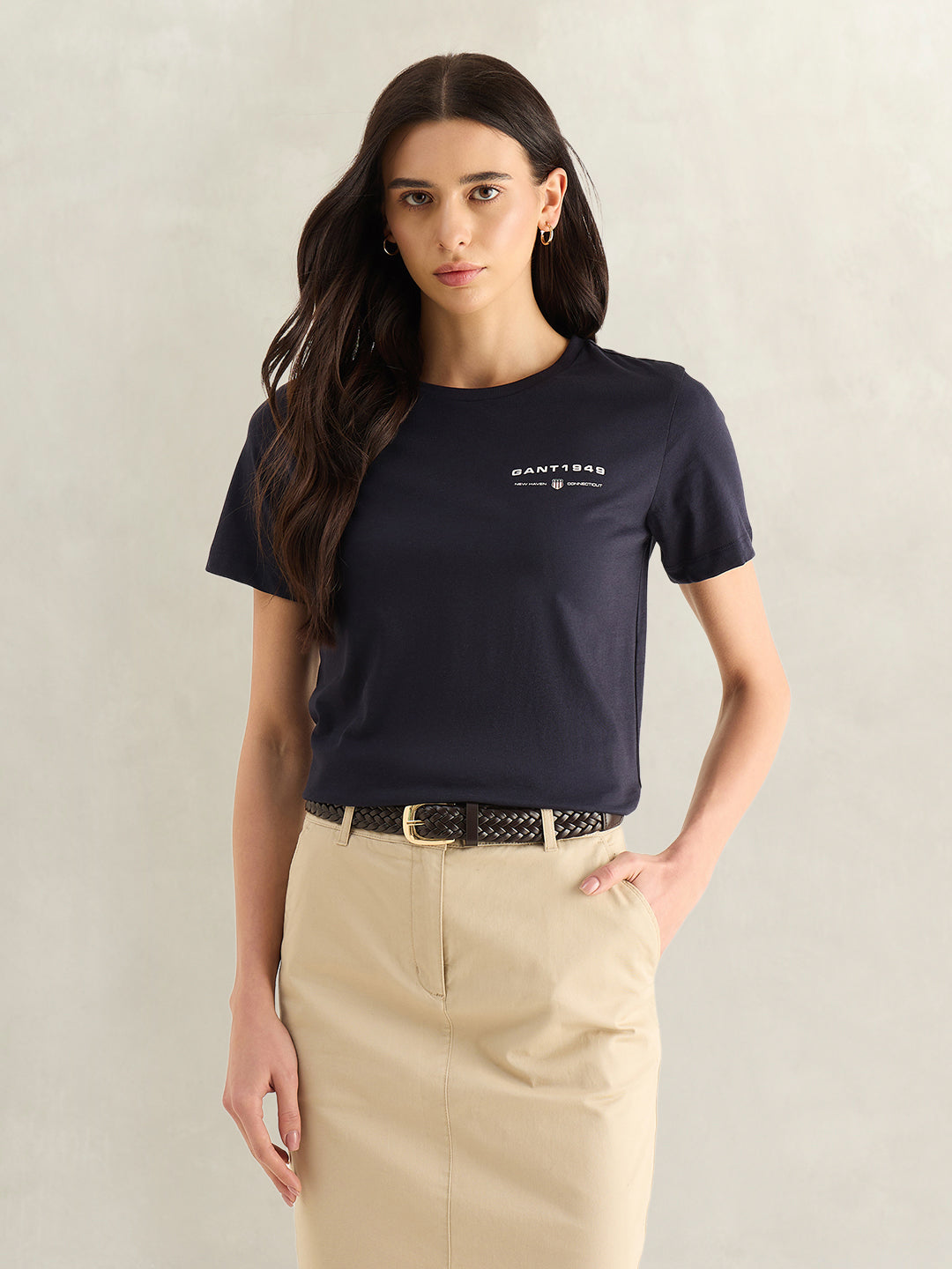 Gant Women Navy Blue Solid Regular Fit Pure Cotton T-Shirt