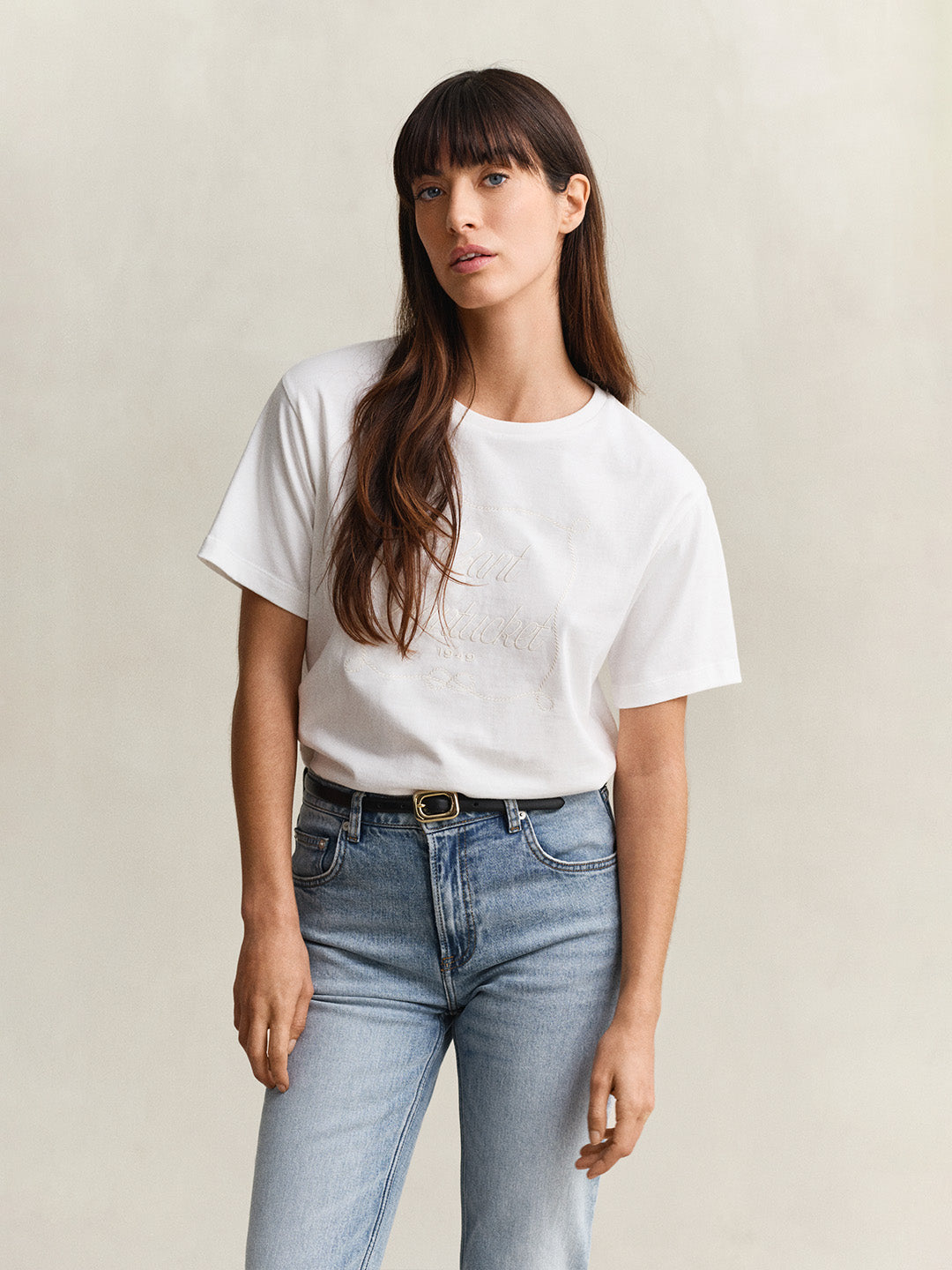GANT Women White Logo Relaxed Fit Crew Neck T-Shirt