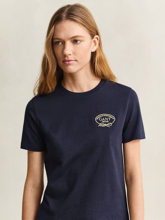 GANT Women Navy Blue Logo Crew Neck T-Shirt