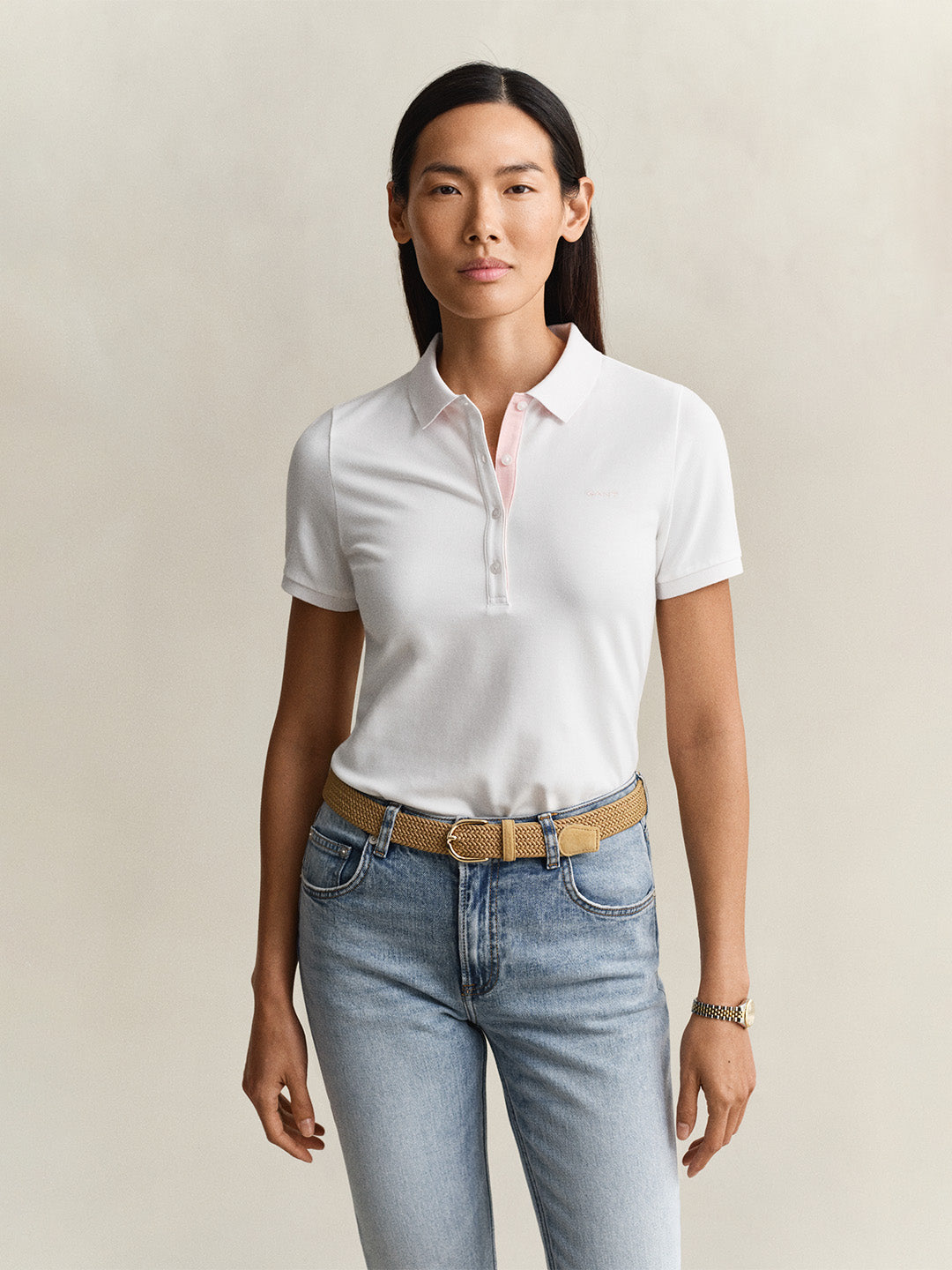 Gant Women White Solid Slim Fit Polo T-Shirt