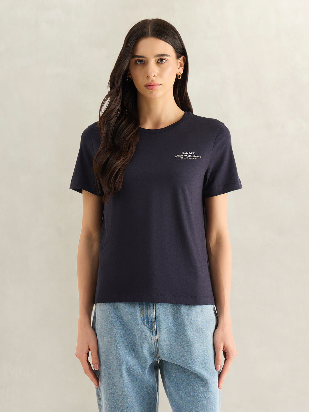 Gant Women Navy Blue Graphic Print Regular Fit Pure Cotton T-Shirt