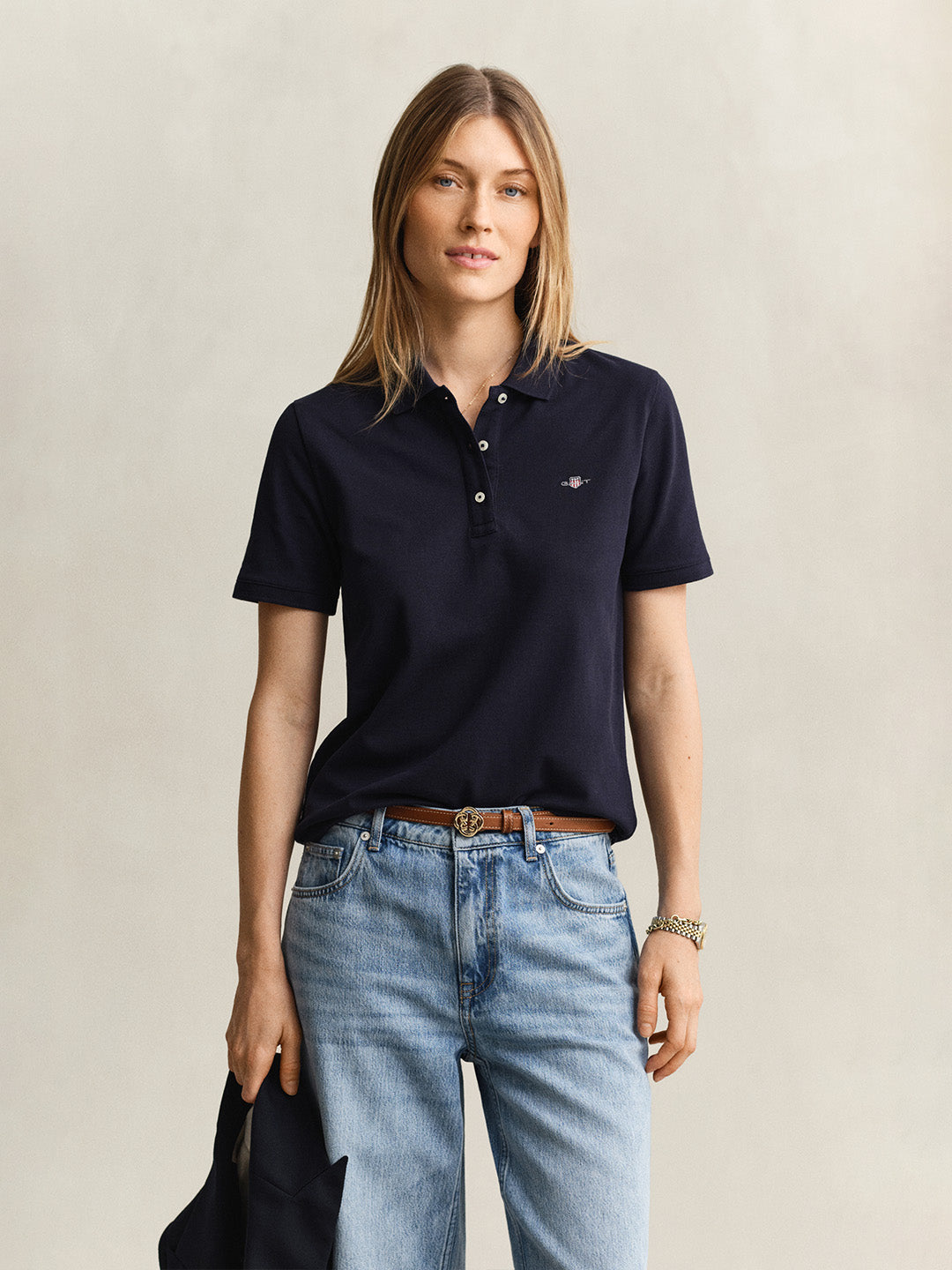 GANT Women Navy Blue Regular Fit Pique Polo T-Shirt