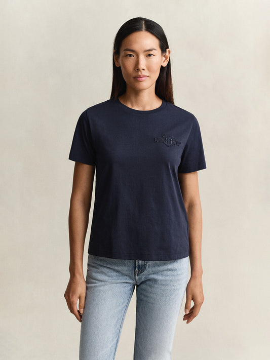 GANT Women Navy Blue Regular Fit Tonal Shield T-Shirt