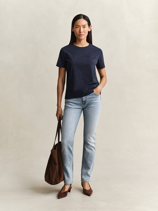 GANT Women Navy Blue Regular Fit Tonal Shield T-Shirt