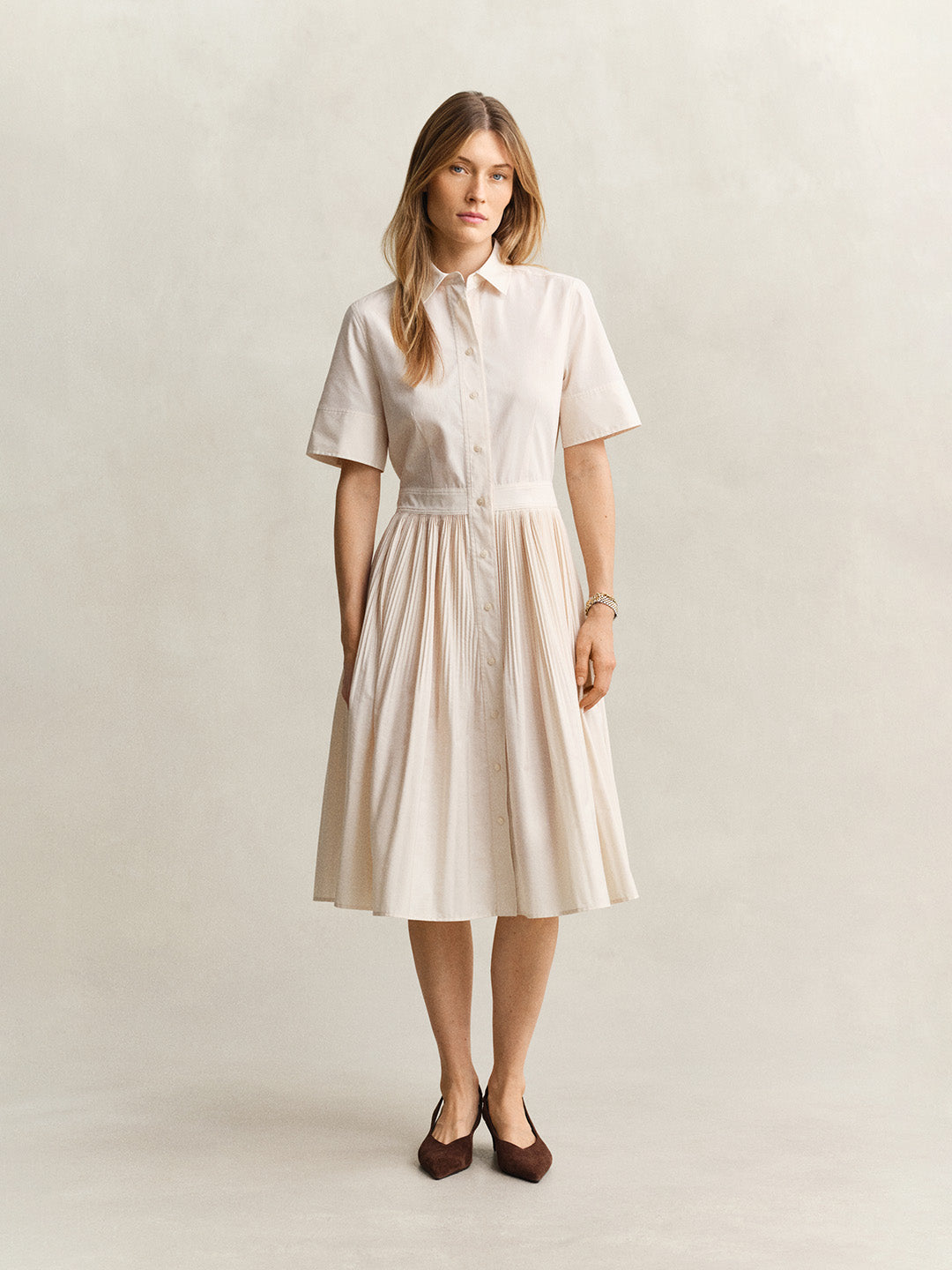 GANT Women Off White Pleated Midi Shirt Dress