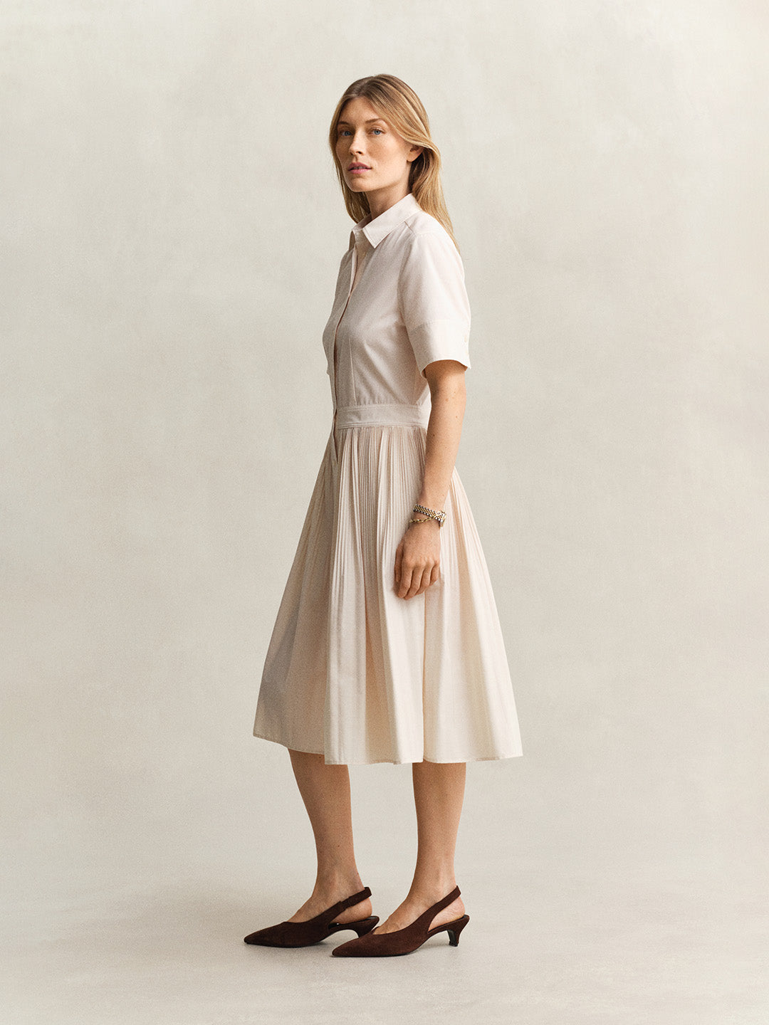 GANT Women Off White Pleated Midi Shirt Dress
