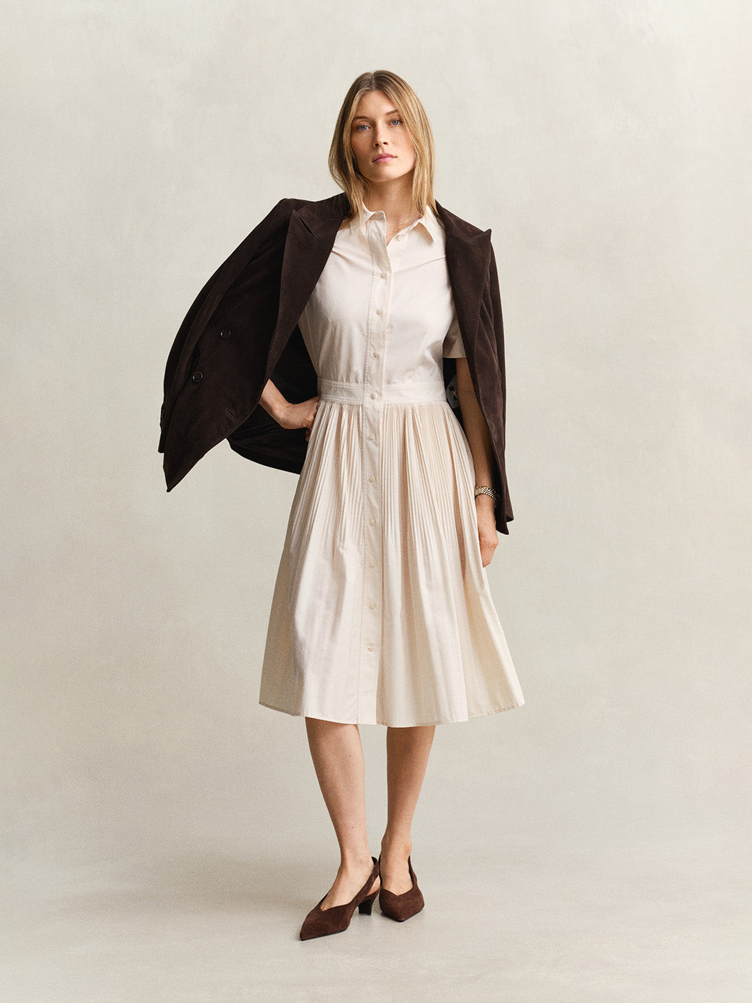 GANT Women Off White Pleated Midi Shirt Dress