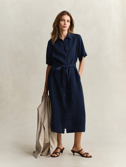 Shop GANT Women Navy Blue Midi Linen Dress Online Shop GANT Women Navy Blue Midi Linen Dress Online