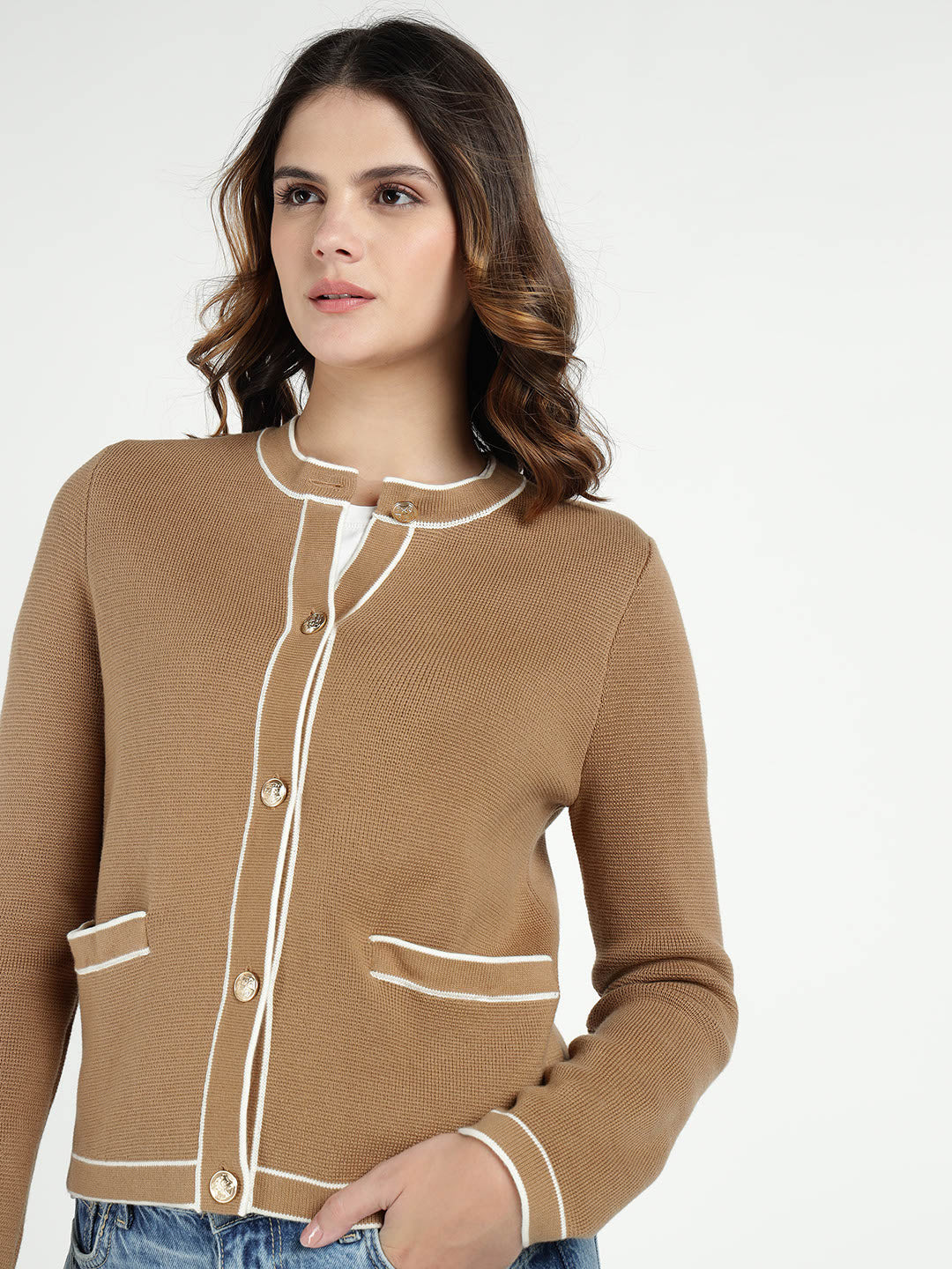 Gant Women Beige Solid Crew Neck Sweater