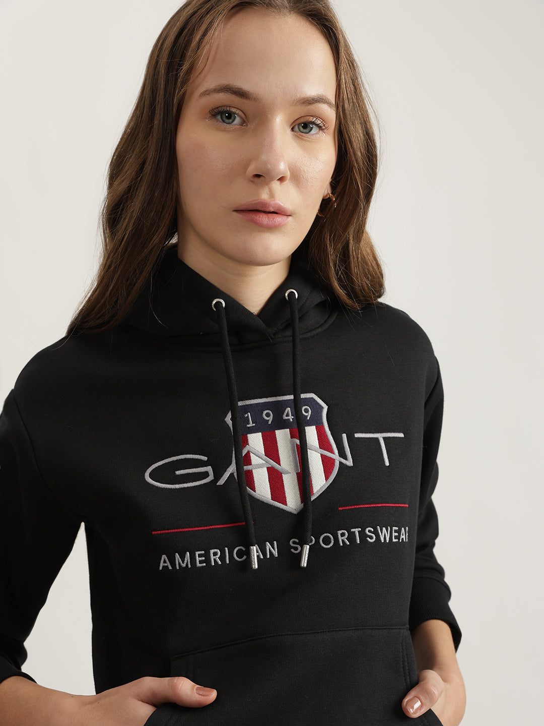 Gant Women Black Embroidered Hooded Full Sleeves Sweatshirt