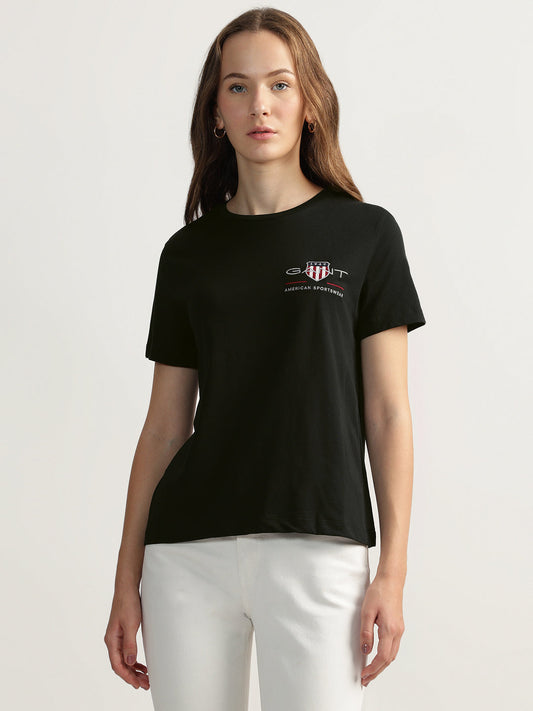 Gant Women Black Solid Round Neck Short Sleeves T-shirt