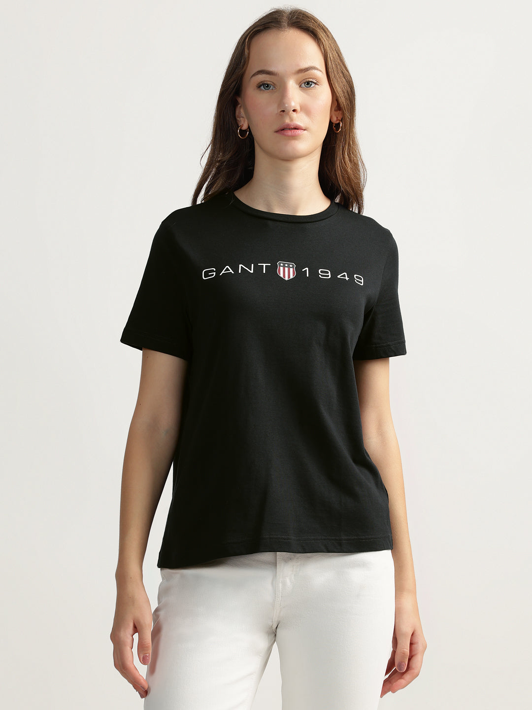 Gant Women Black Solid Round Neck Short Sleeves T-shirt