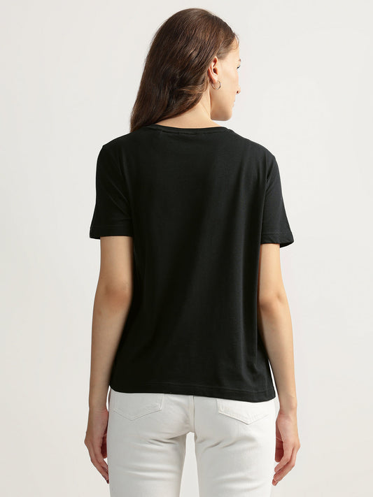 Gant Women Black Solid Round Neck Short Sleeves T-shirt