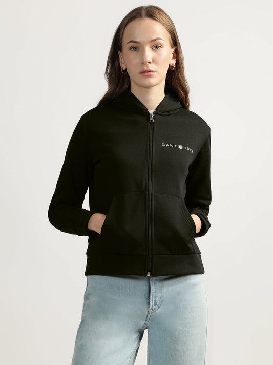 Gant Women Black Solid Hooded Full Sleeves Front-open Sweatshirt