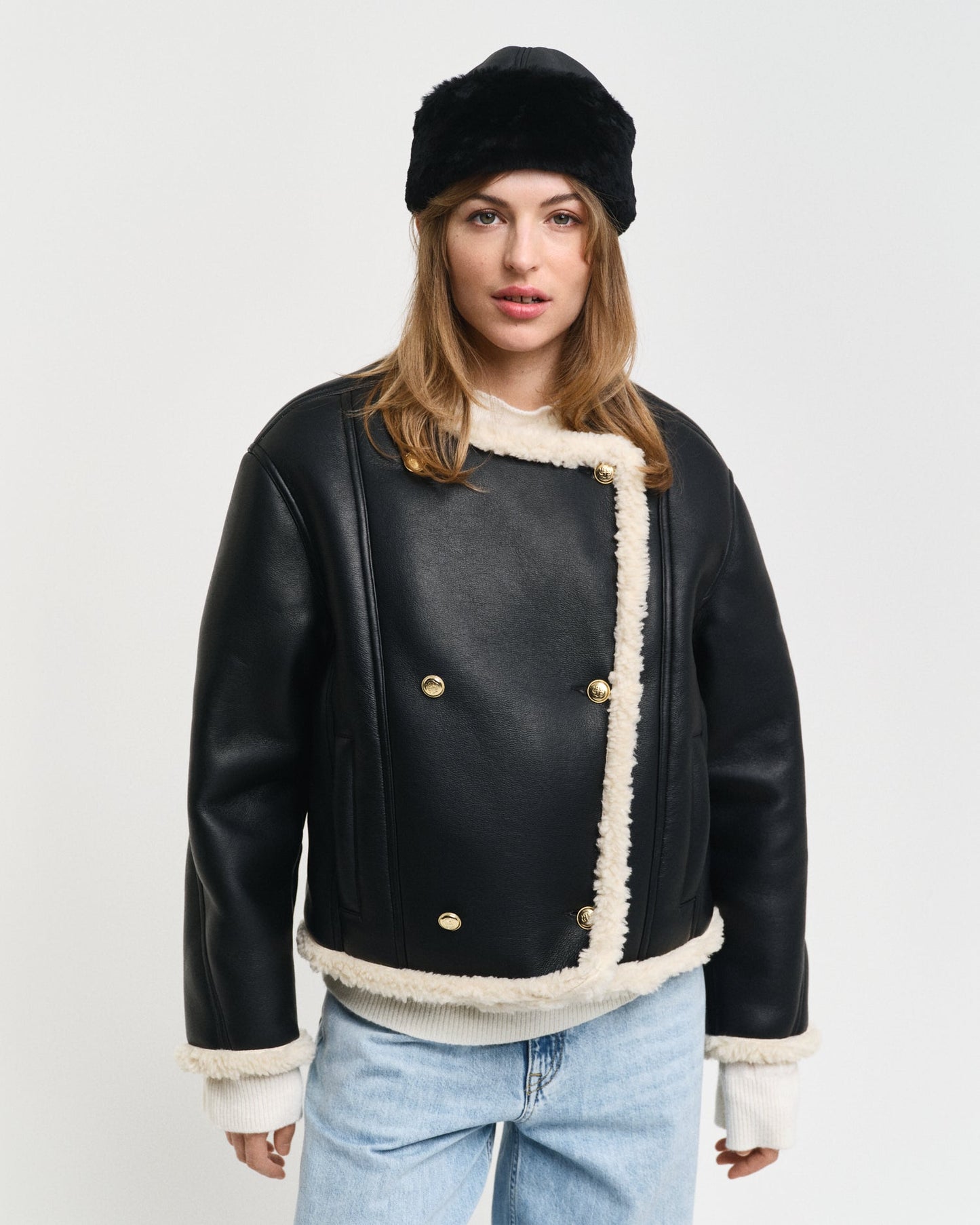 Gant Women Black Solid Wrap Neck Full Sleeves Shearling Jacket