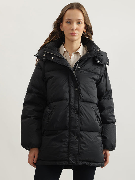 Gant Women Black Solid Hooded Full Sleeves Puffer Jacket