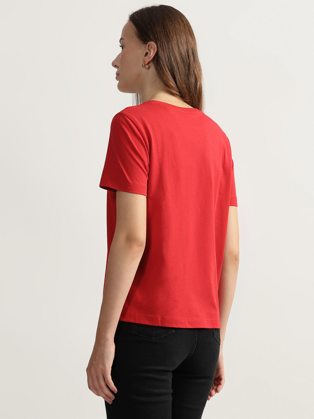 Gant Women Red Solid Round Neck Short Sleeves T-shirt