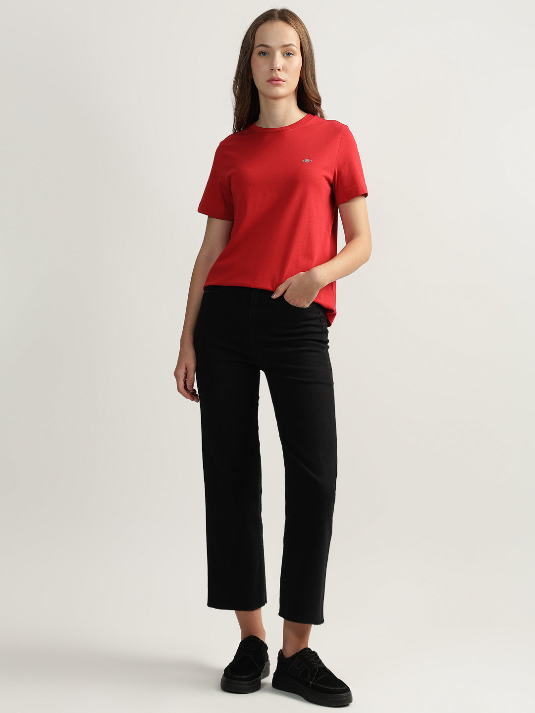 Gant Women Red Solid Round Neck Short Sleeves T-shirt