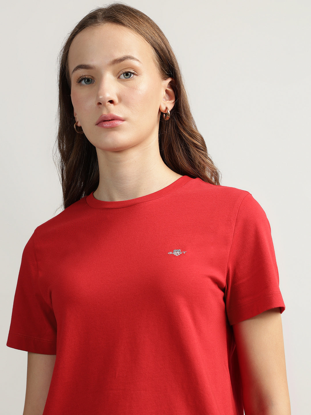 Gant Women Red Solid Round Neck Short Sleeves T-shirt