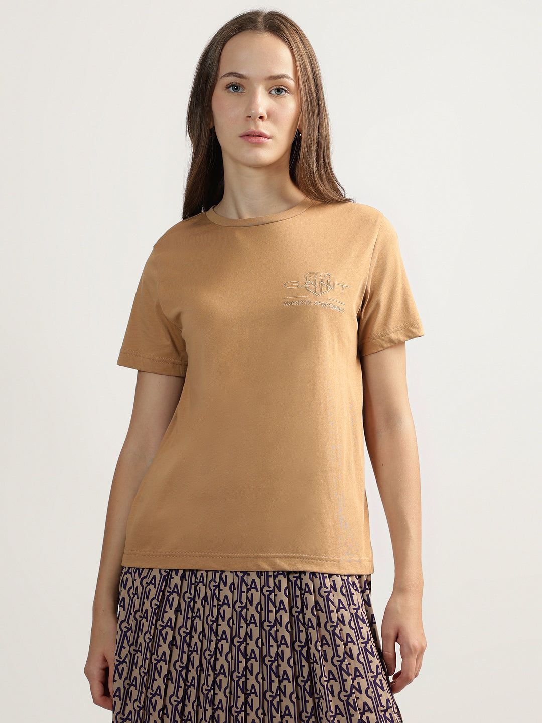 Gant Women Beige Solid Round Neck Short Sleeves T-shirt