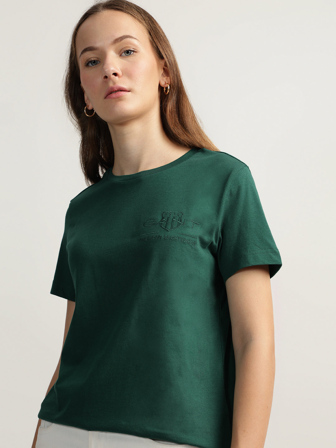 Gant Women Green Solid Round Neck Short Sleeves T-shirt