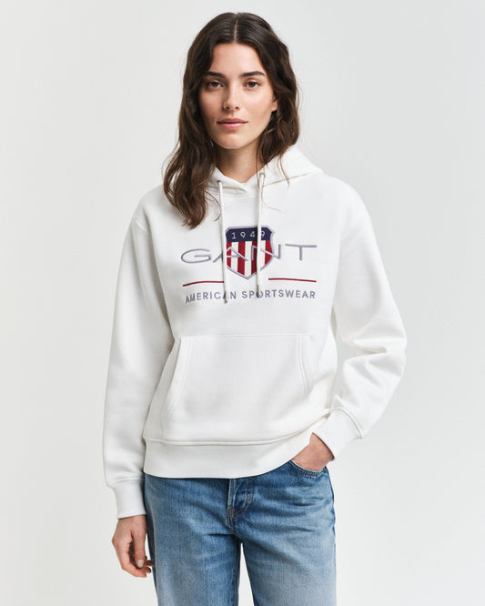 Gant Women White Solid Hooded Full Sleeves Pullover Style Sweatshirt