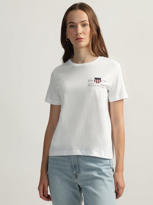 Gant Women White Solid Round Neck Short Sleeves T-shirt