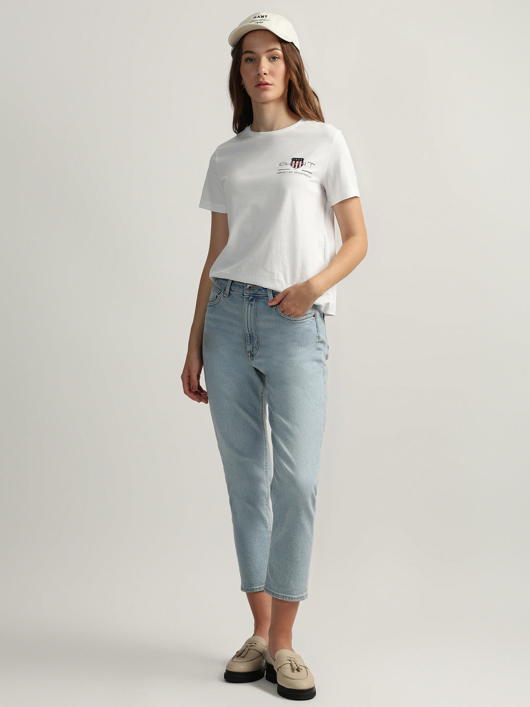 Gant Women White Solid Round Neck Short Sleeves T-shirt