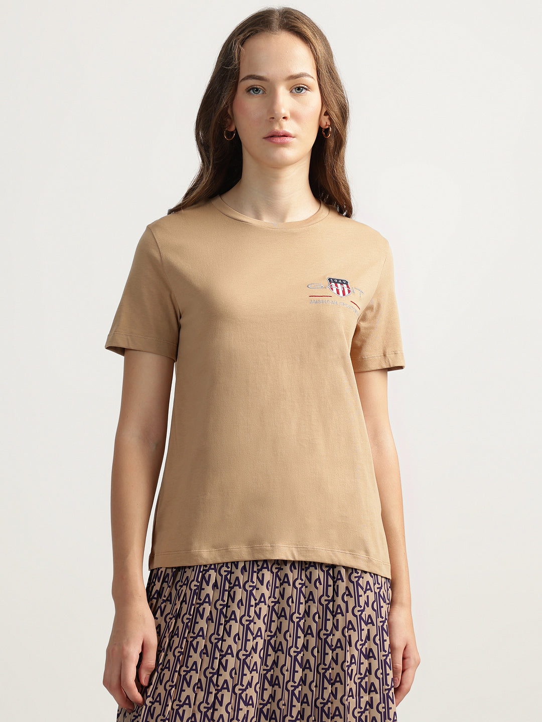 Gant Women Beige Solid Round Neck Short Sleeves T-Shirt